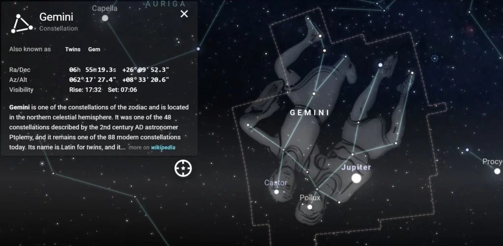 Rasi bintang Gemini dari Stellarium