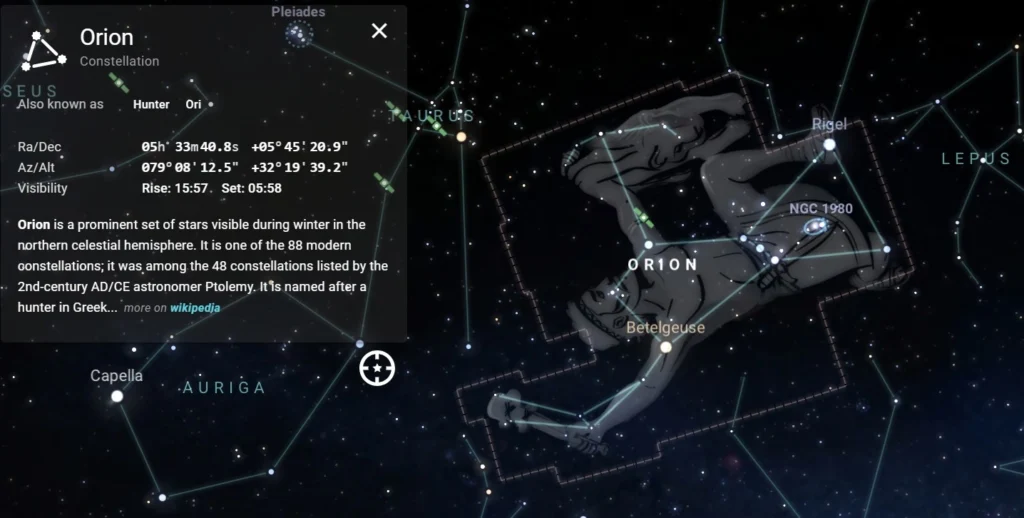 Rasi bintang Orion di Stellarium